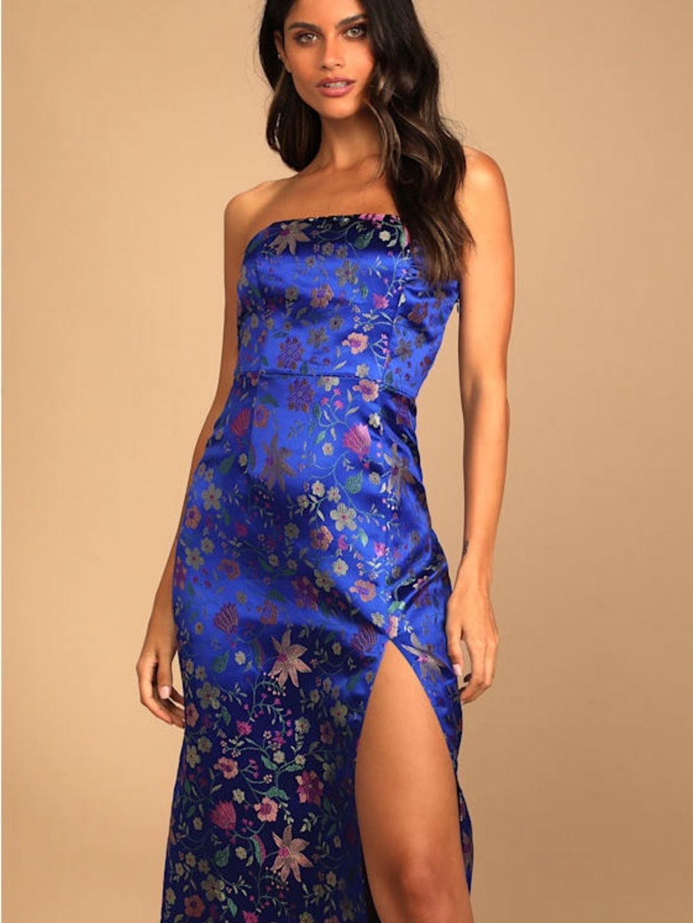 Lulus Make a Move Blue Floral Satin Jacquard Strapless Midi Dress w/Slit